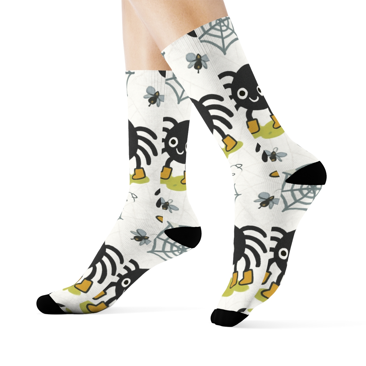 Playful Boots With Spider Scatter On Web White personalized crew socks