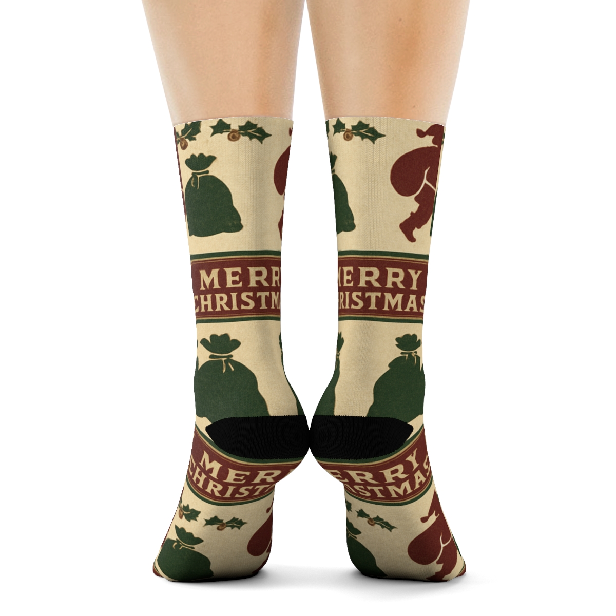 Vintage Santa Poster Band On Cream premium sports crew socks