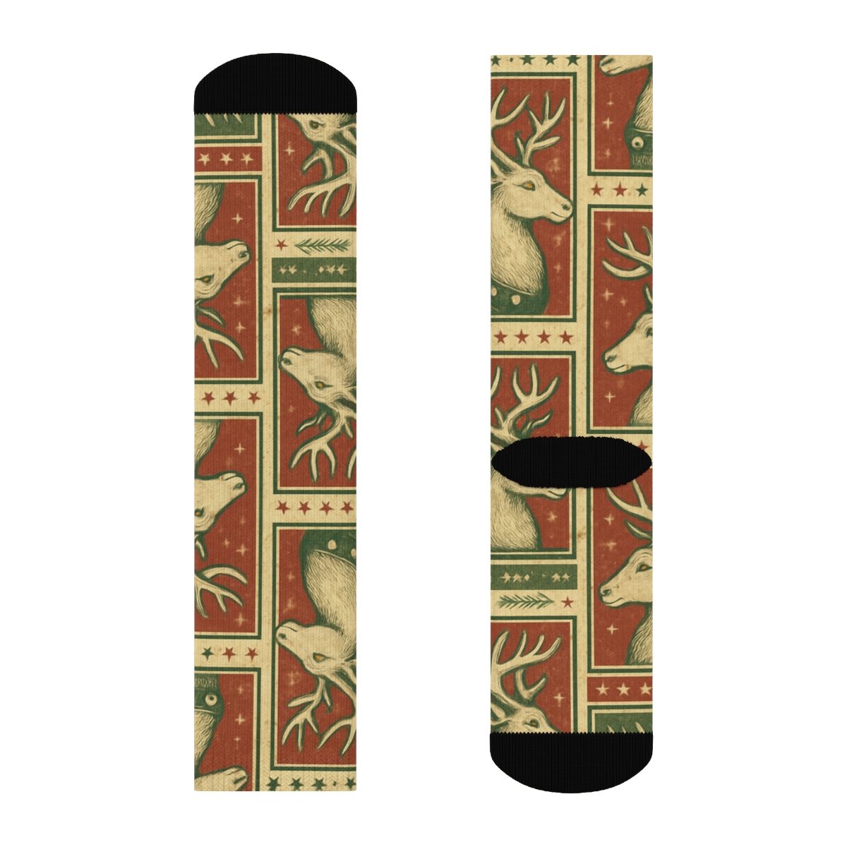 Vintage Reindeer Poster Panels, Christmas Repeat designer printed crew socks