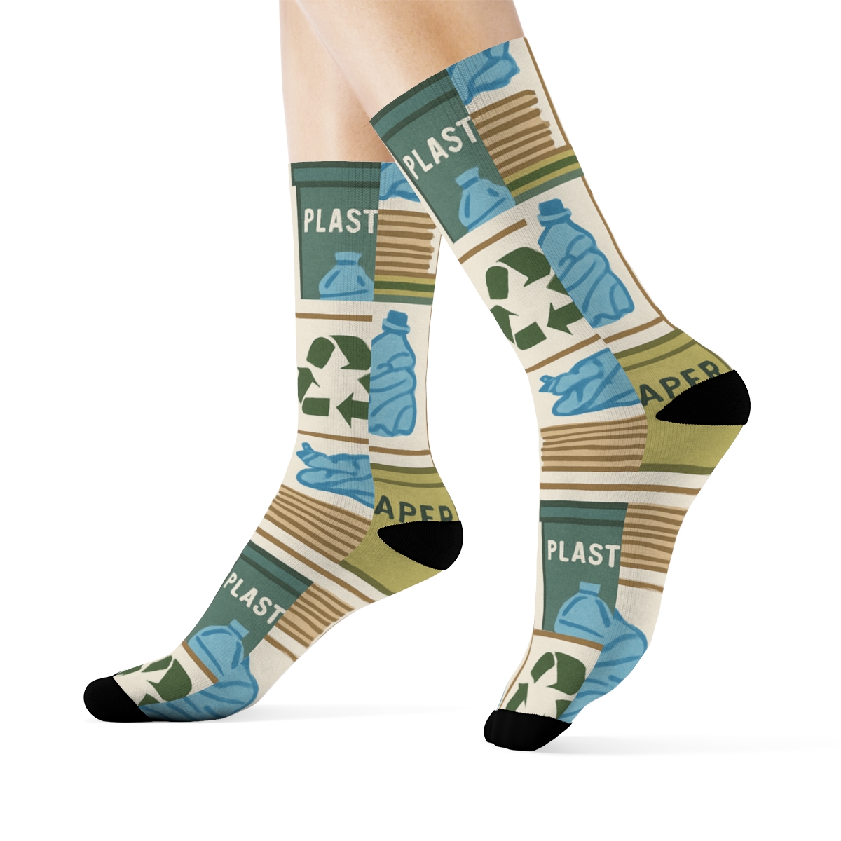 Industrial Collage Pattern With Recycling Plant Worker designer printed crew socks