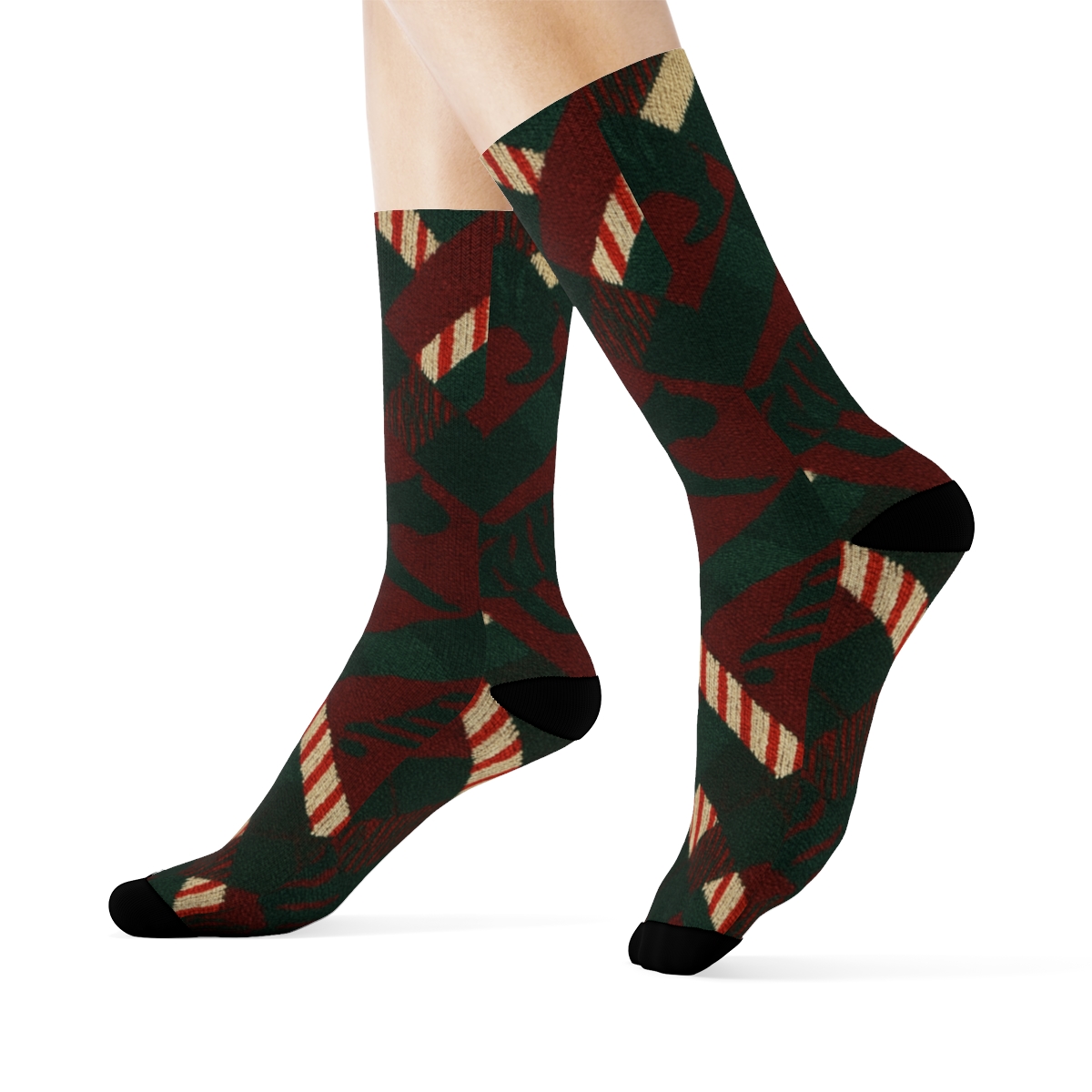 Tartan Tiger Plaid With Candy Canes On Maroon Background stylish athletic crew socks