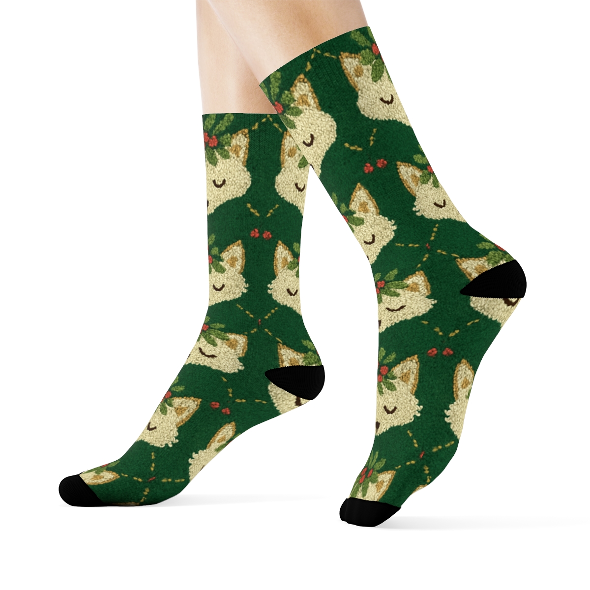 Fox And Mistletoe Grid On Forest Green Background comfortable cotton crew socks