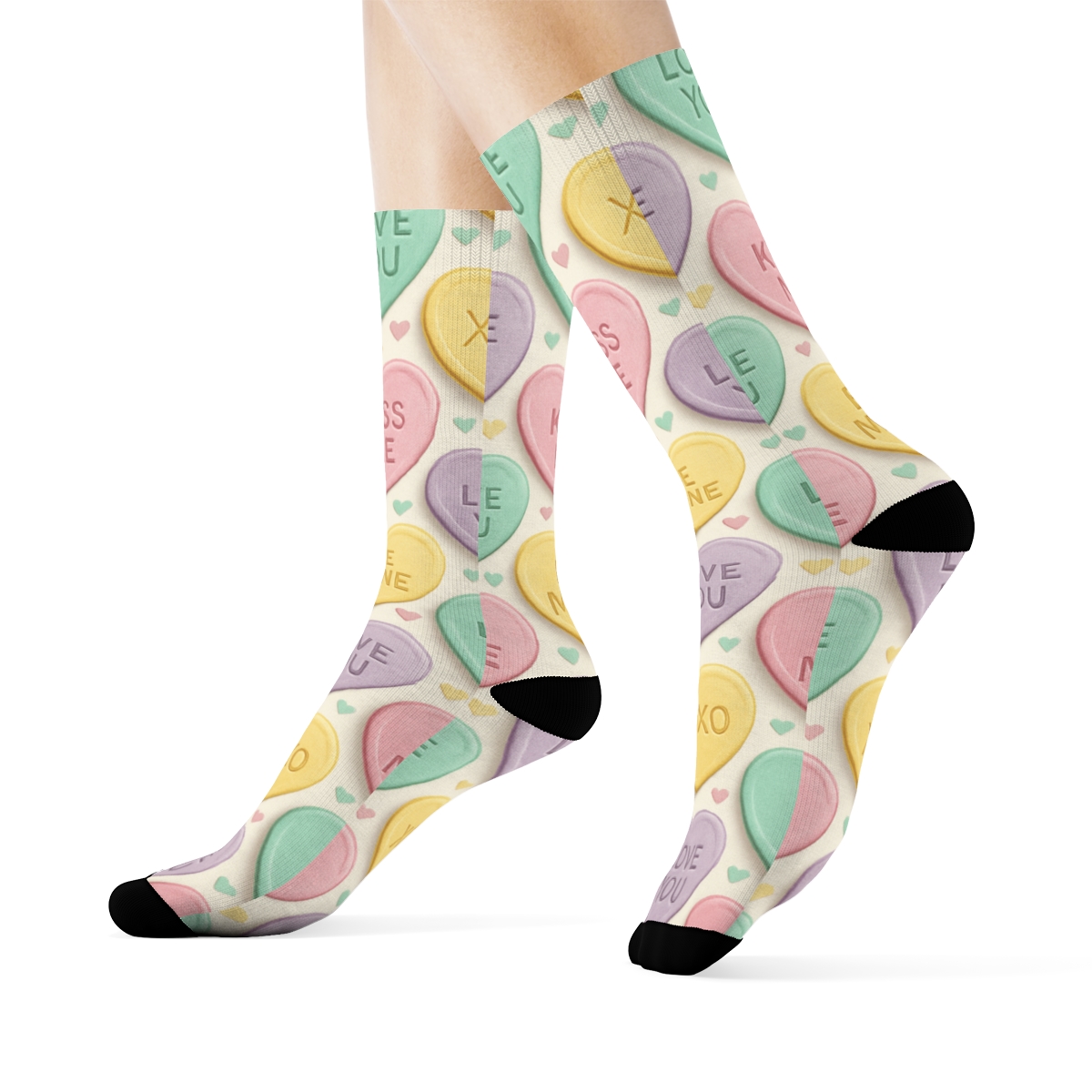 Confectionery Collage With Valentines Candy Heart Mosaic Tiles trendy patterned crew socks