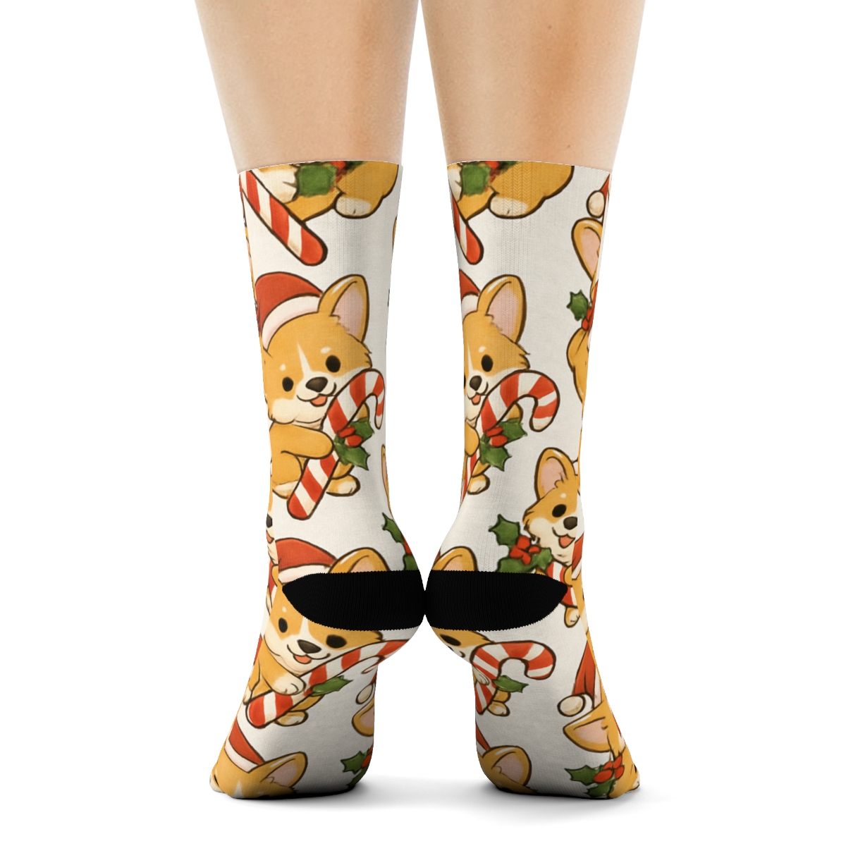 Candy Cane Corgis Diagonal Stripe Repeat designer printed crew socks