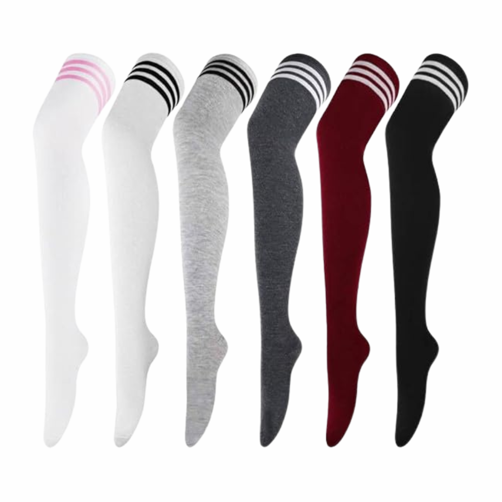 Pack Of 6 Striped Over Thigh Socks For Women