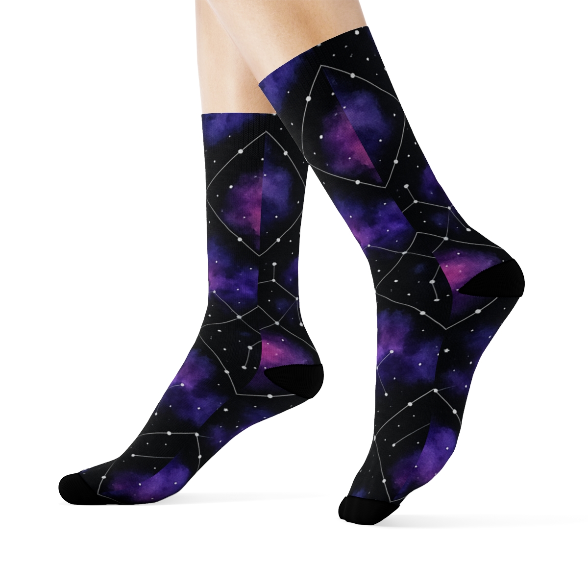 Cosmic Purple Nebula Watercolor Constellation Grid On Black designer printed crew socks
