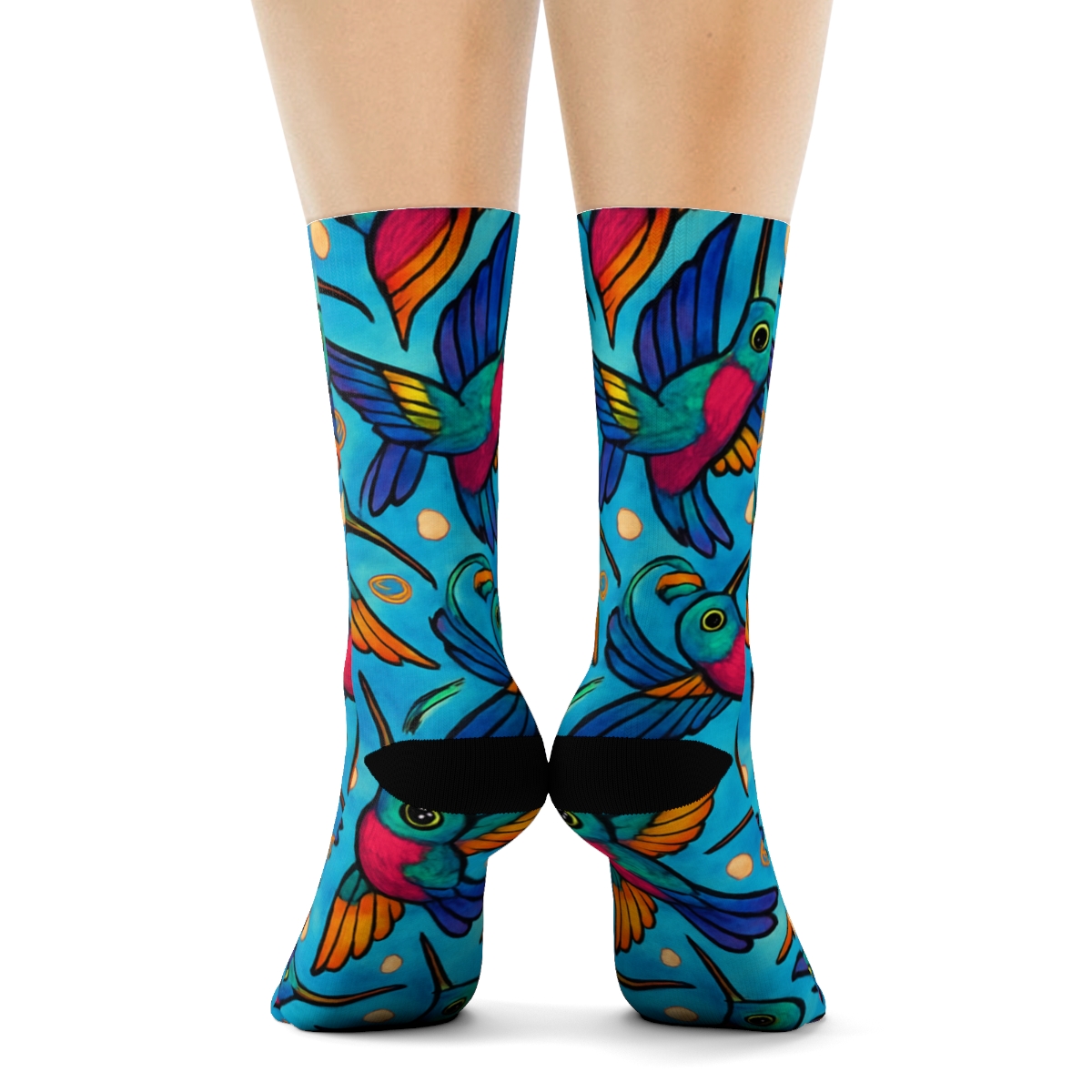 Teal Hummingbird Spiral Tessellation On Sky Blue Background comfortable cotton crew socks