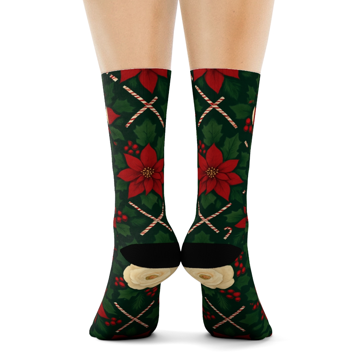 Crimson Poinsettia And Holly Diamond Lattice On Pine Green Background custom crew socks