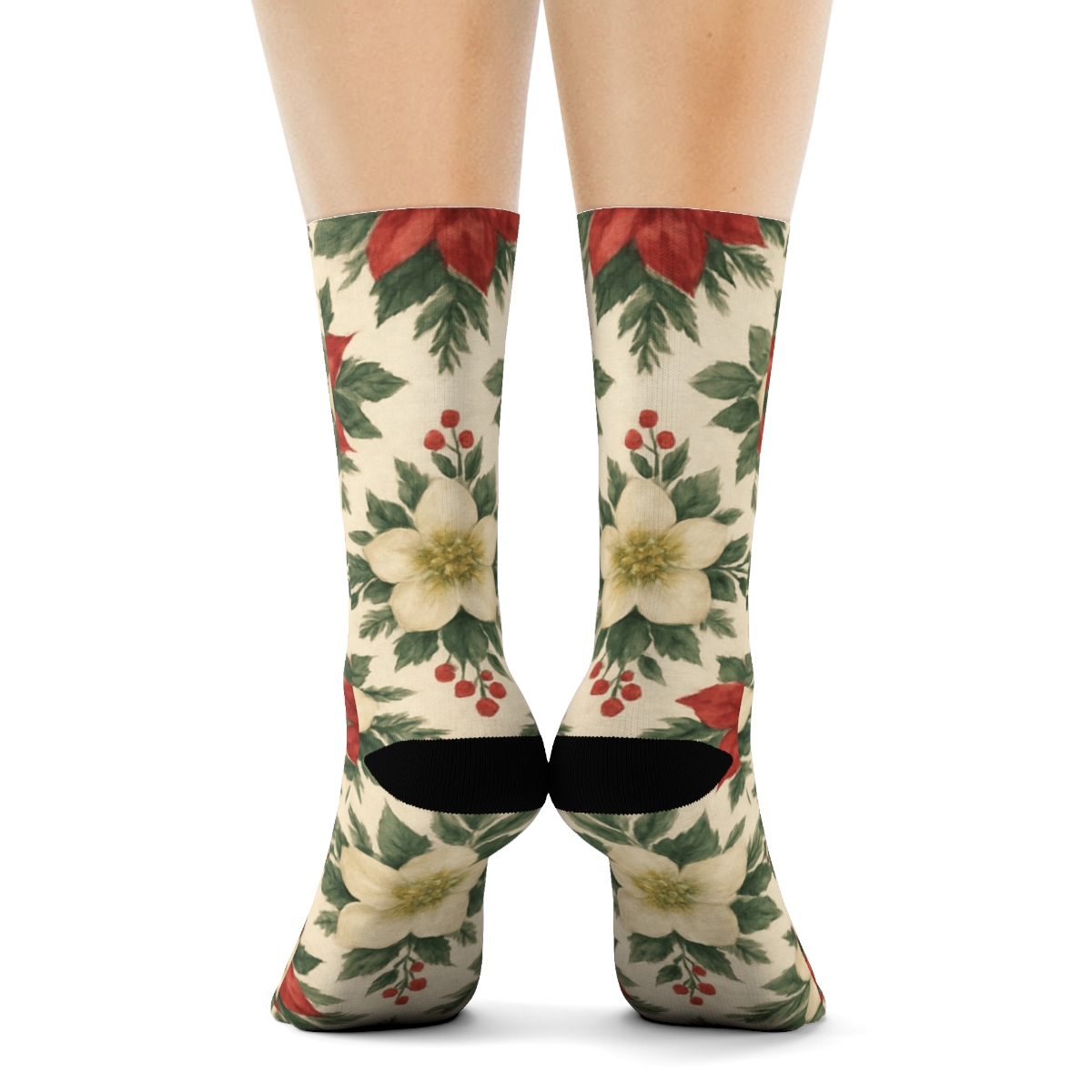 Crimson Poinsettia Lattice Garden stylish athletic crew socks