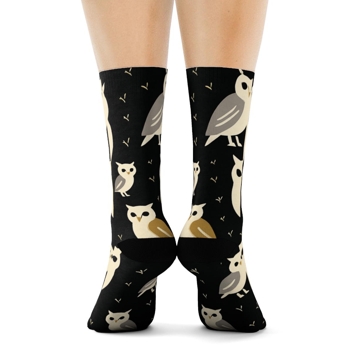 Owl Silhouette Feather Accent Diagonal Array On Black Background custom crew socks