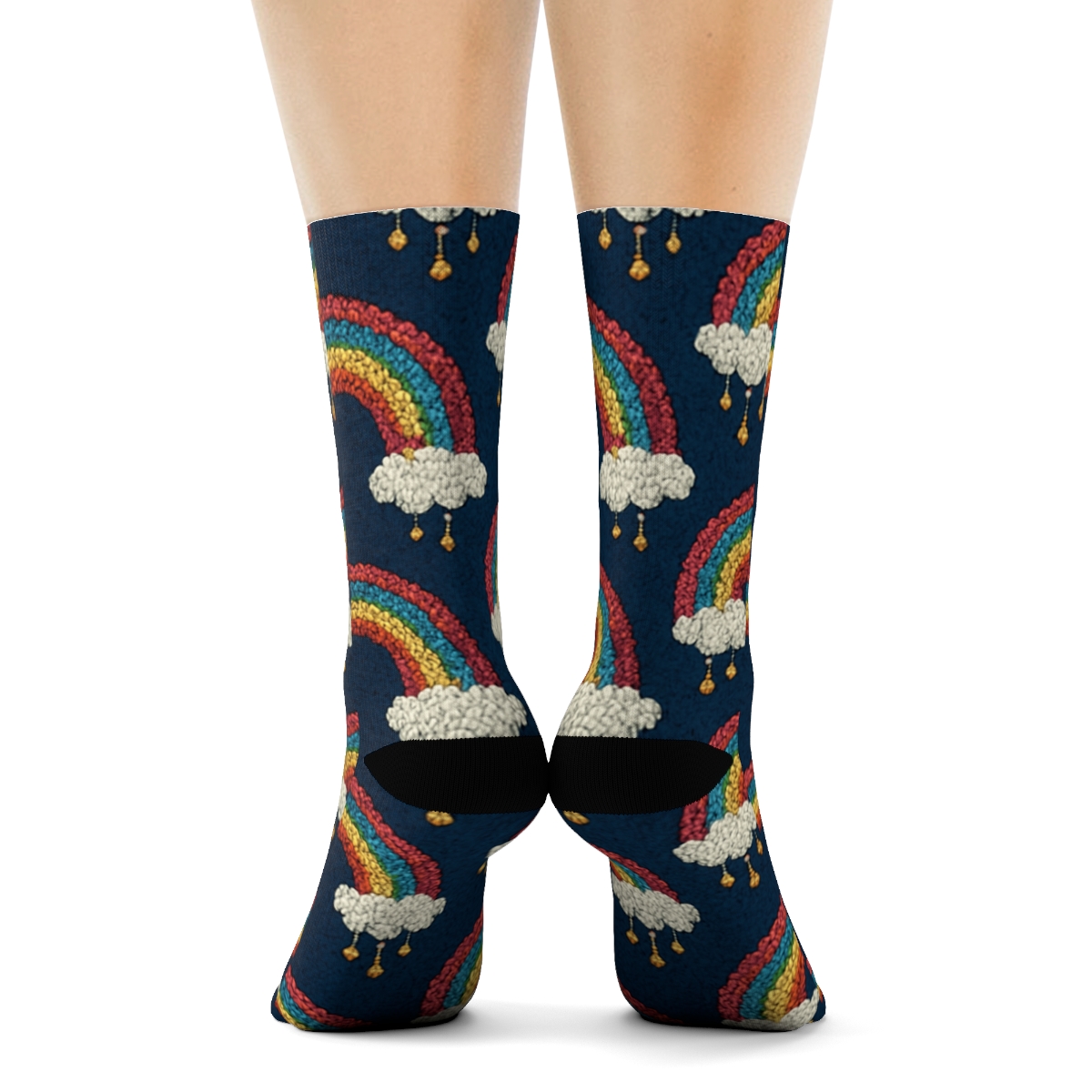 Rainbow Knit Arc Lattice On Midnight Navy premium sports crew socks