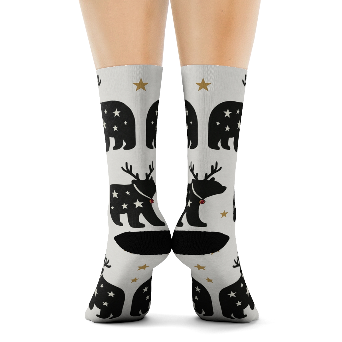 Starlit Reindeer Bear Silhouettes On Light Gray Background trendy patterned crew socks