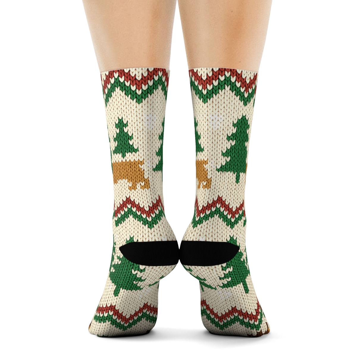 Reindeer Dog Sweater Knit Repeat On Cream Background soft everyday crew socks