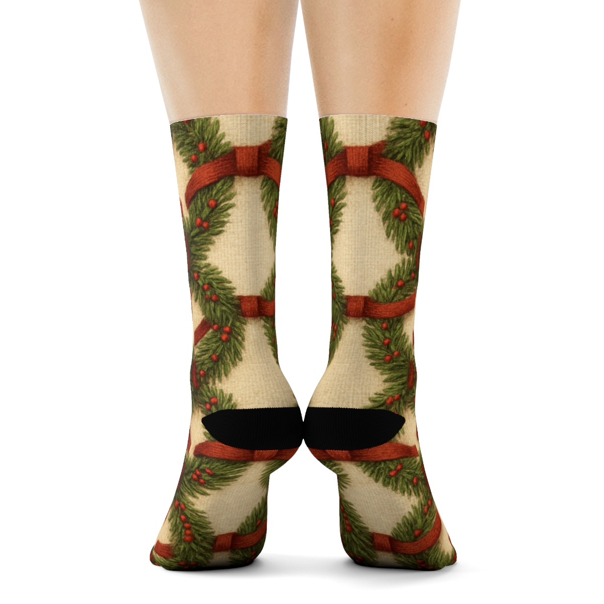 Wreath Ribbon Lattice Christmas Motif personalized crew socks
