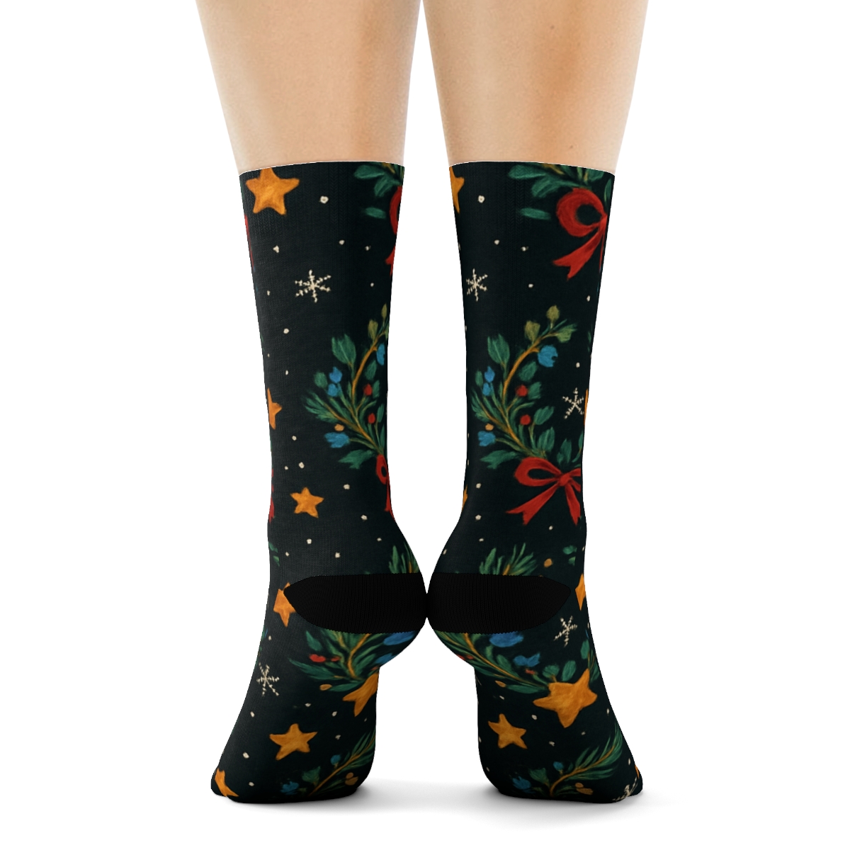 Evergreen Wreath Wildflower Scatter On Midnight Black Background stylish athletic crew socks