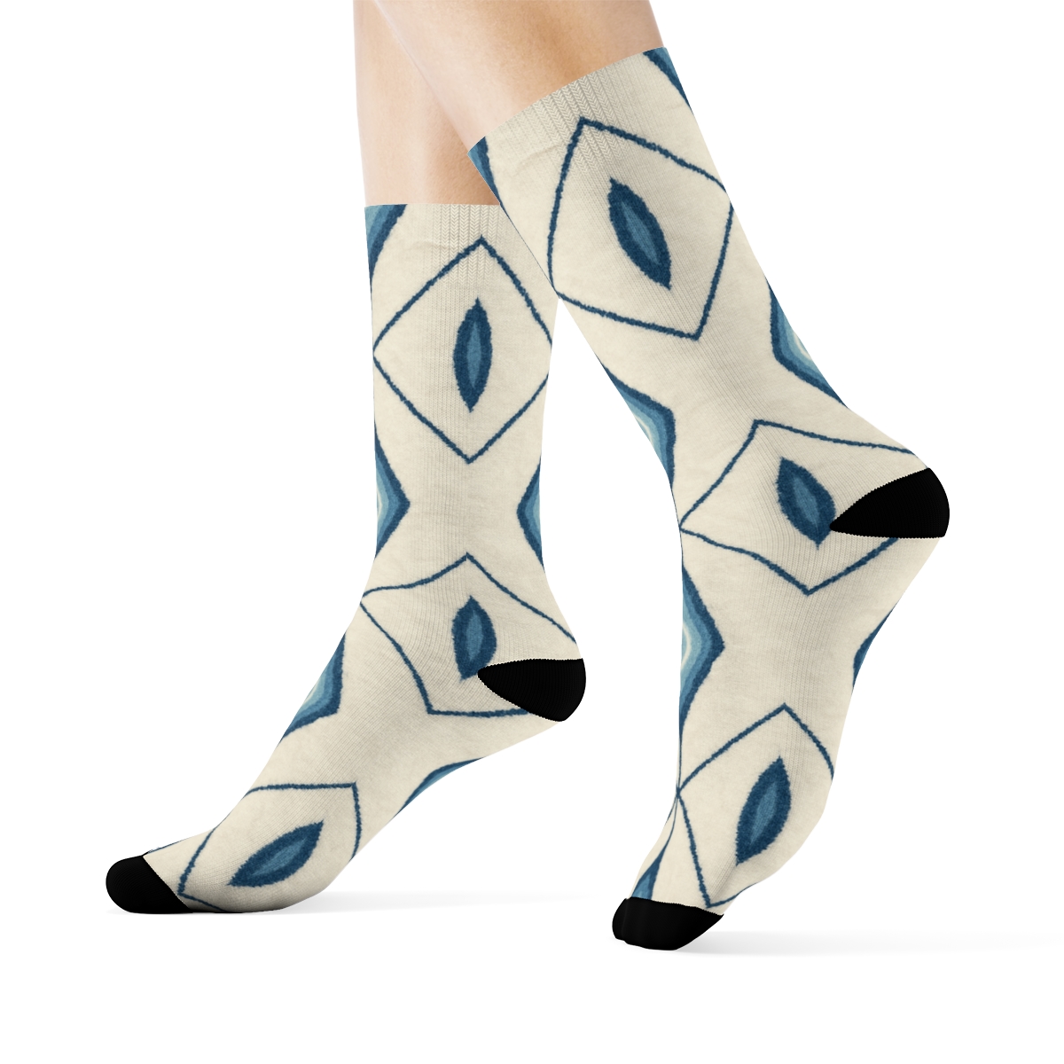 Indigo Shibori Diamond Lattice With Crinkle Wash On Ivory Background trendy patterned crew socks