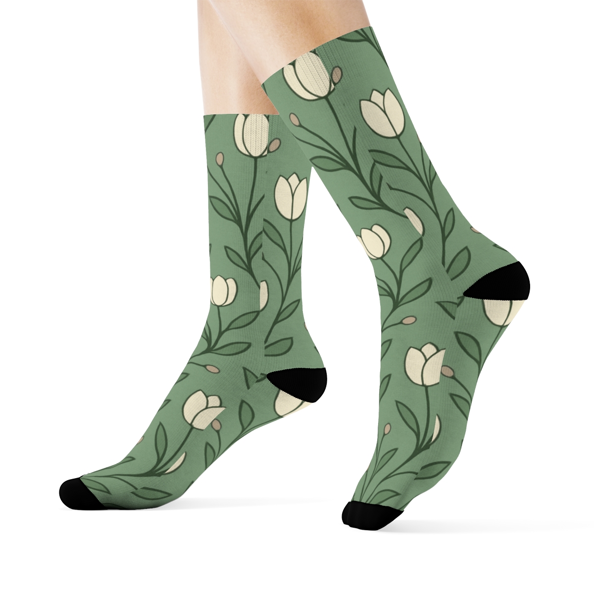 Minimal Tulip Stem Lattice On Soft Sage Background designer printed crew socks