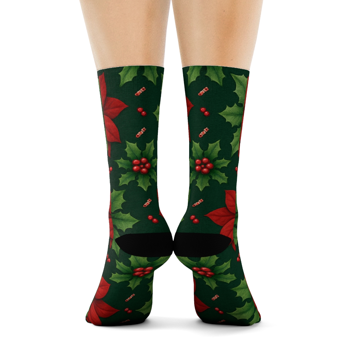 Crimson Poinsettia And Holly Lattice On Deep Pine Green Background personalized crew socks