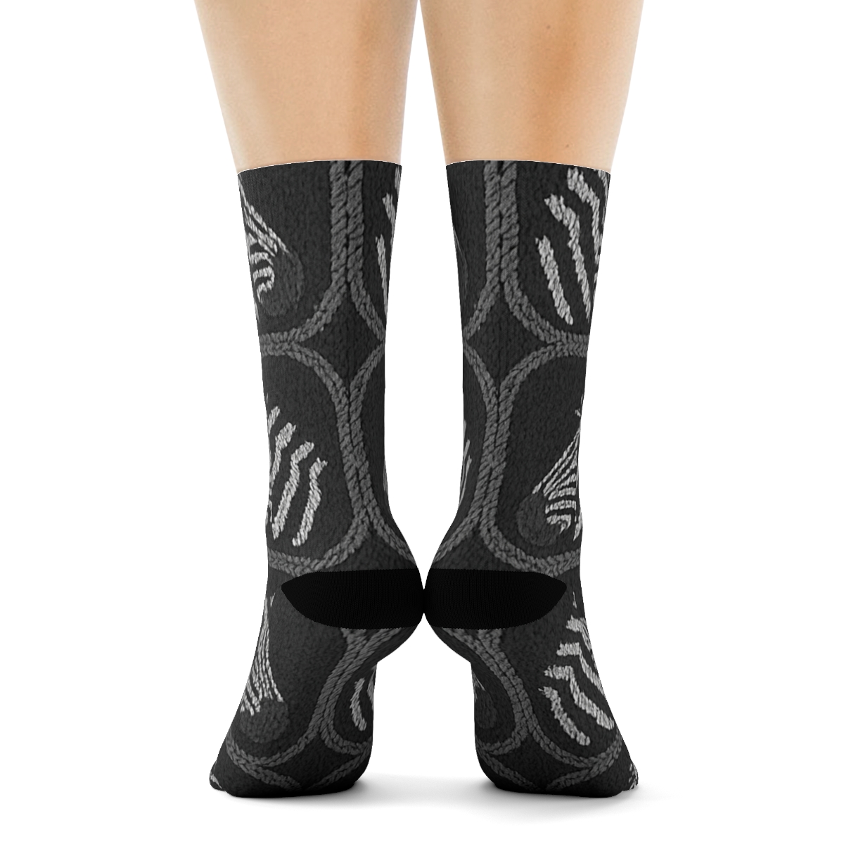 Soft Grayscale Knitted Zebra Stripe Lattice On Charcoal unique graphic crew socks
