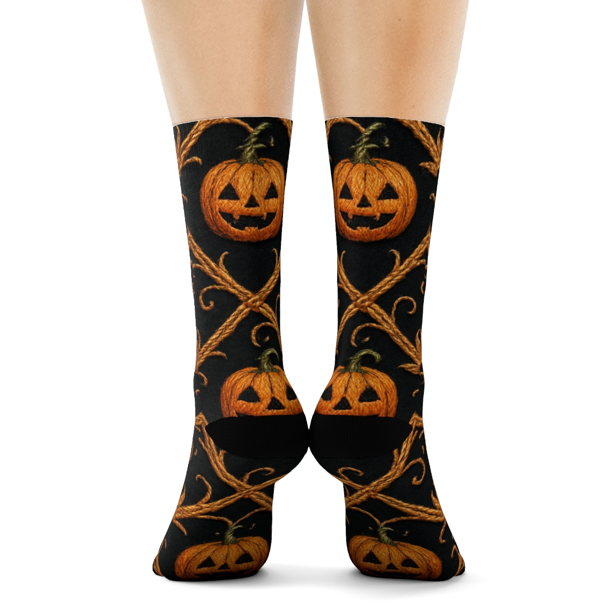 Pumpkin Vine Lattice On Black Background premium sports crew socks