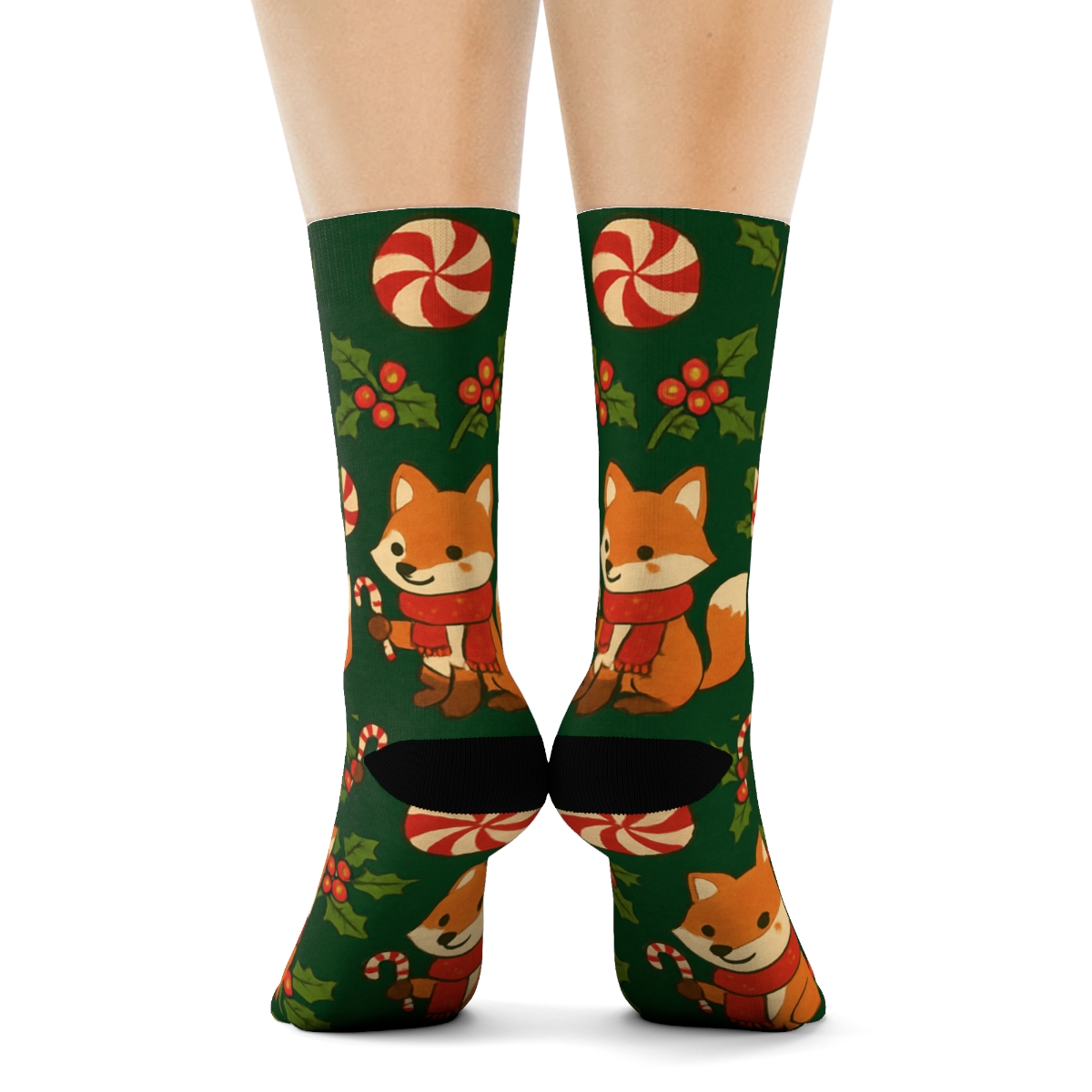 Candy Cane Fox Diamond Tessellation On Pine Green Background stylish athletic crew socksCandy Cane Fox Diamond Tessellation on Pine Green Background Crew Socks - Image 4
