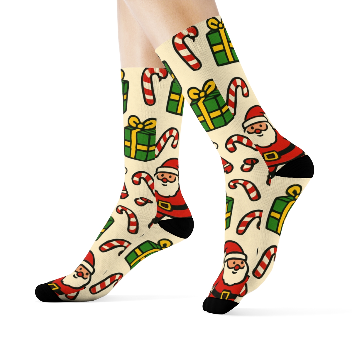 Xmas Santa Scatter On Ivory unique graphic crew socks