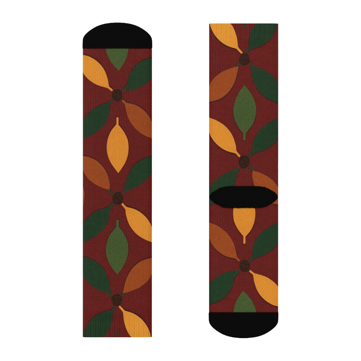 Golden Yellow Leaf Silhouette Lattice On Deep Red Background comfortable cotton crew socks