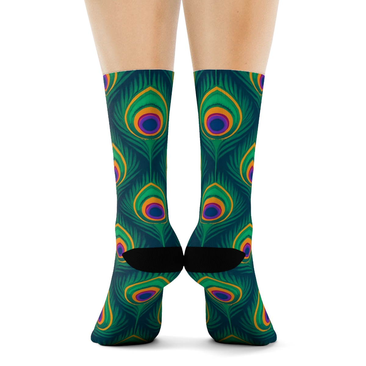 Peacock Tail Eye Tessellation On Deep Teal Background trendy patterned crew socks