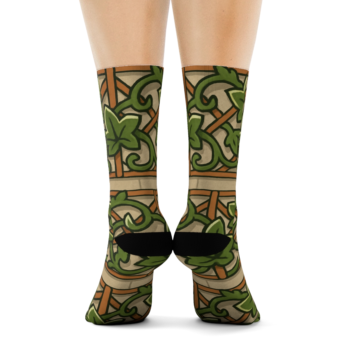 Trellis Letter Ivy Border On Warm Stone Gray soft everyday crew socksTrellis Letter Ivy Border on Warm Stone Gray Crew Socks - Image 4