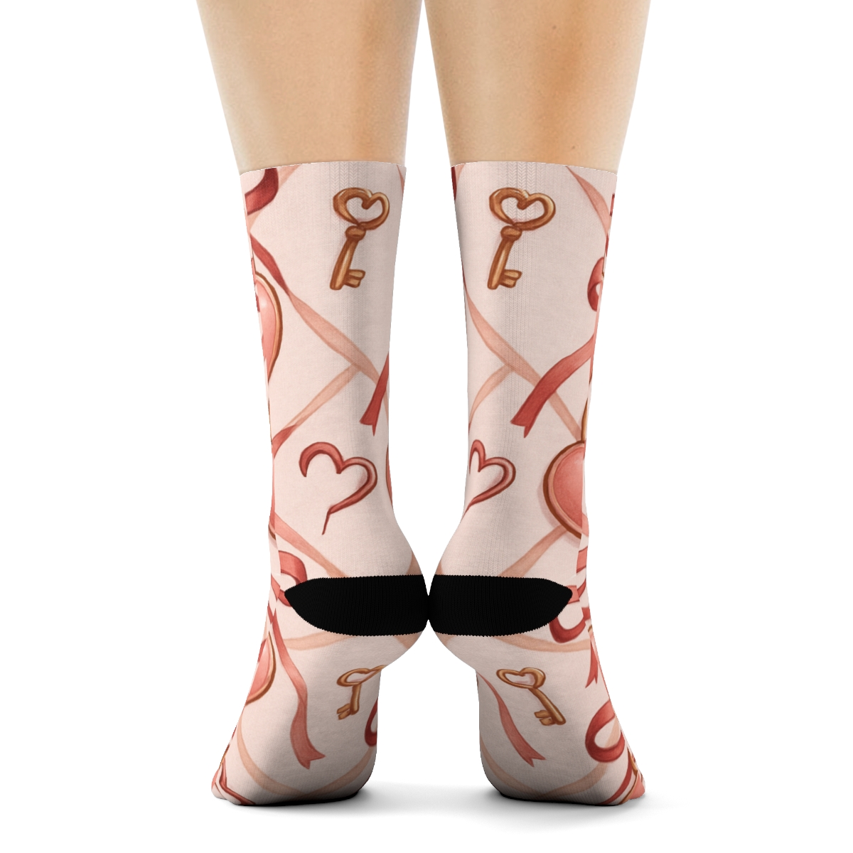 Ribbon Lattice With Valentines Heartshaped Lock And Key designer printed crew socks