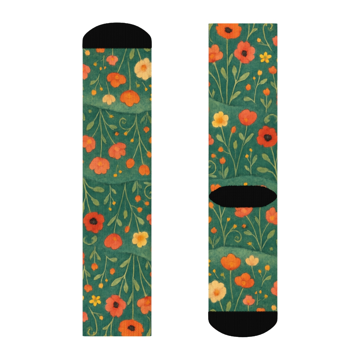 Sunset Wildflower Landscape Wrap On Deep Teal Background premium sports crew socks