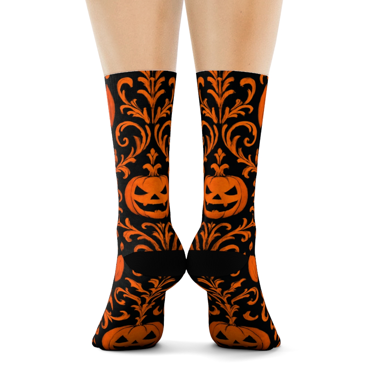 Orange Jack O Lantern Damask Mirror Repeat On Black Background trendy patterned crew socks
