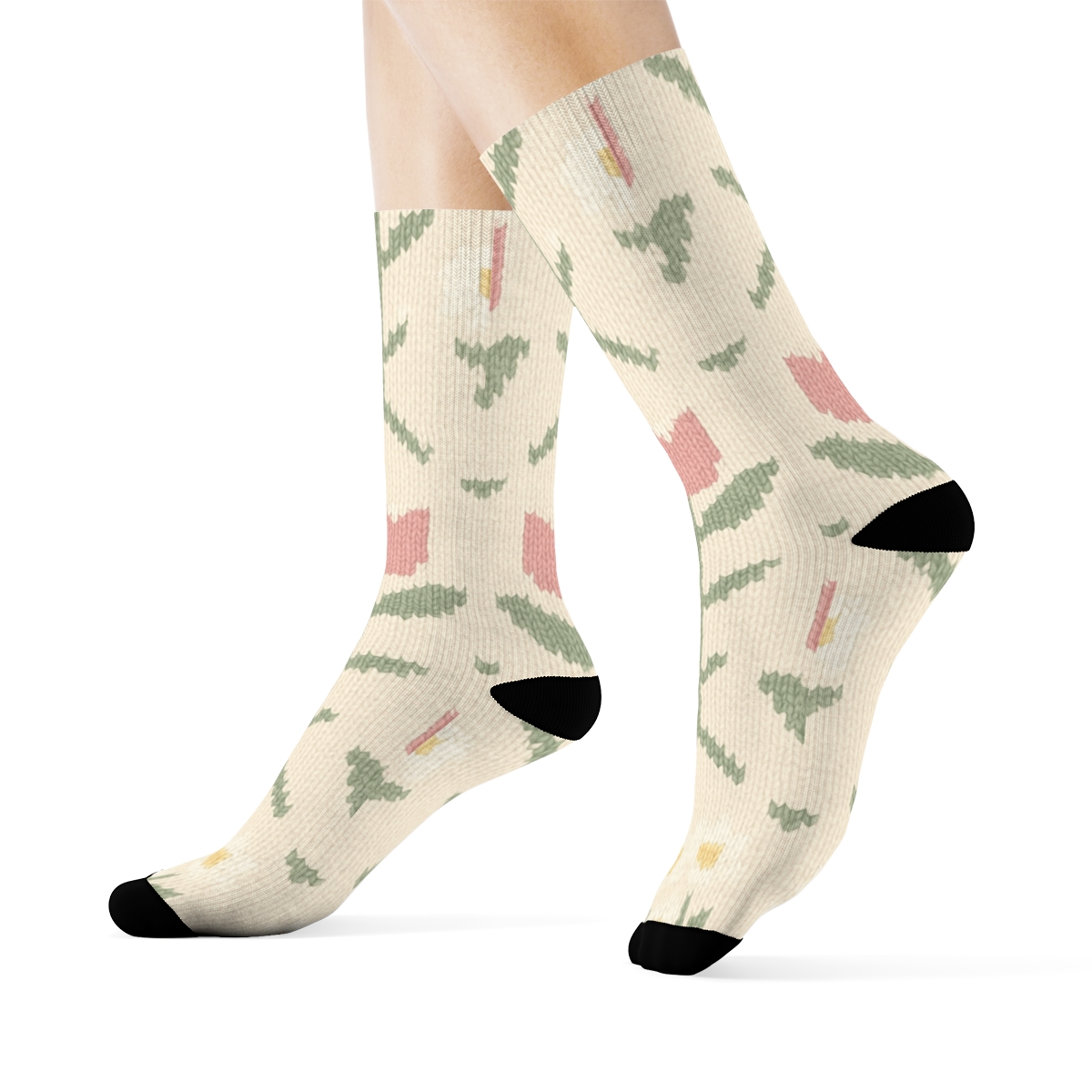 Sage Tulip And Daisy Knitted Grid On Cream Background trendy patterned crew socks