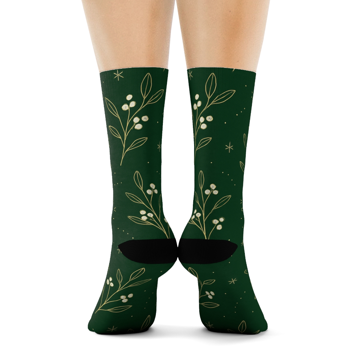 Mistletoe Blossom Snowfall Scatter On Forest Green custom crew socks