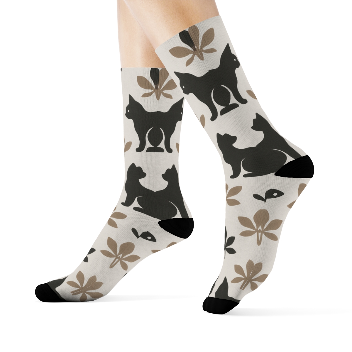 Botanical Tiles With Cat Silhouettes In Charcoal personalized crew socks