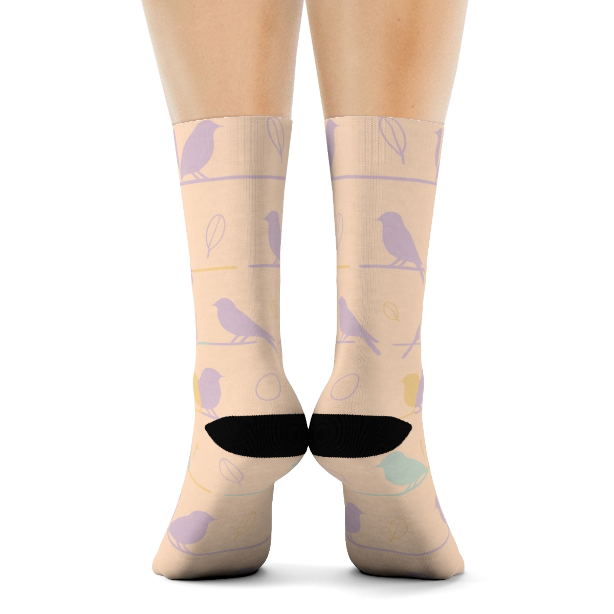 Pastel Songbird Silhouette Meadow On Soft Peach comfortable cotton crew socks