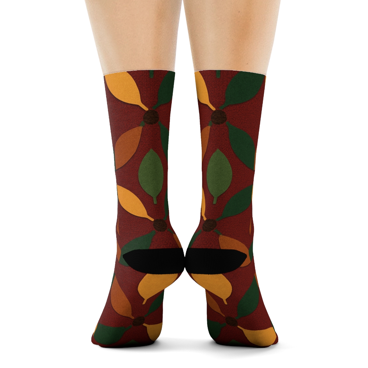 Golden Yellow Leaf Silhouette Lattice On Deep Red Background comfortable cotton crew socks
