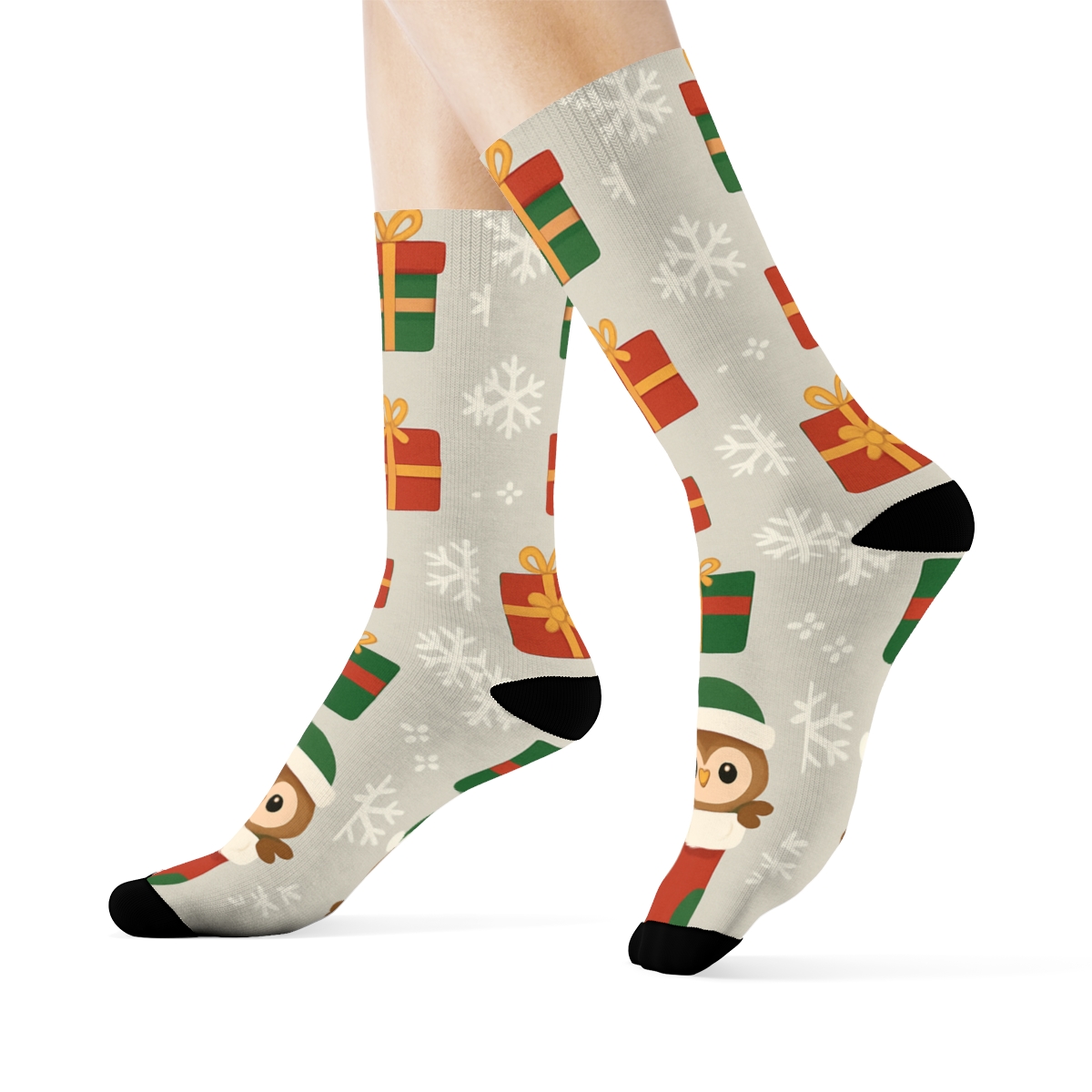 Cartoon Owl Stocking Checkerboard On Light Gray Background soft everyday crew socks