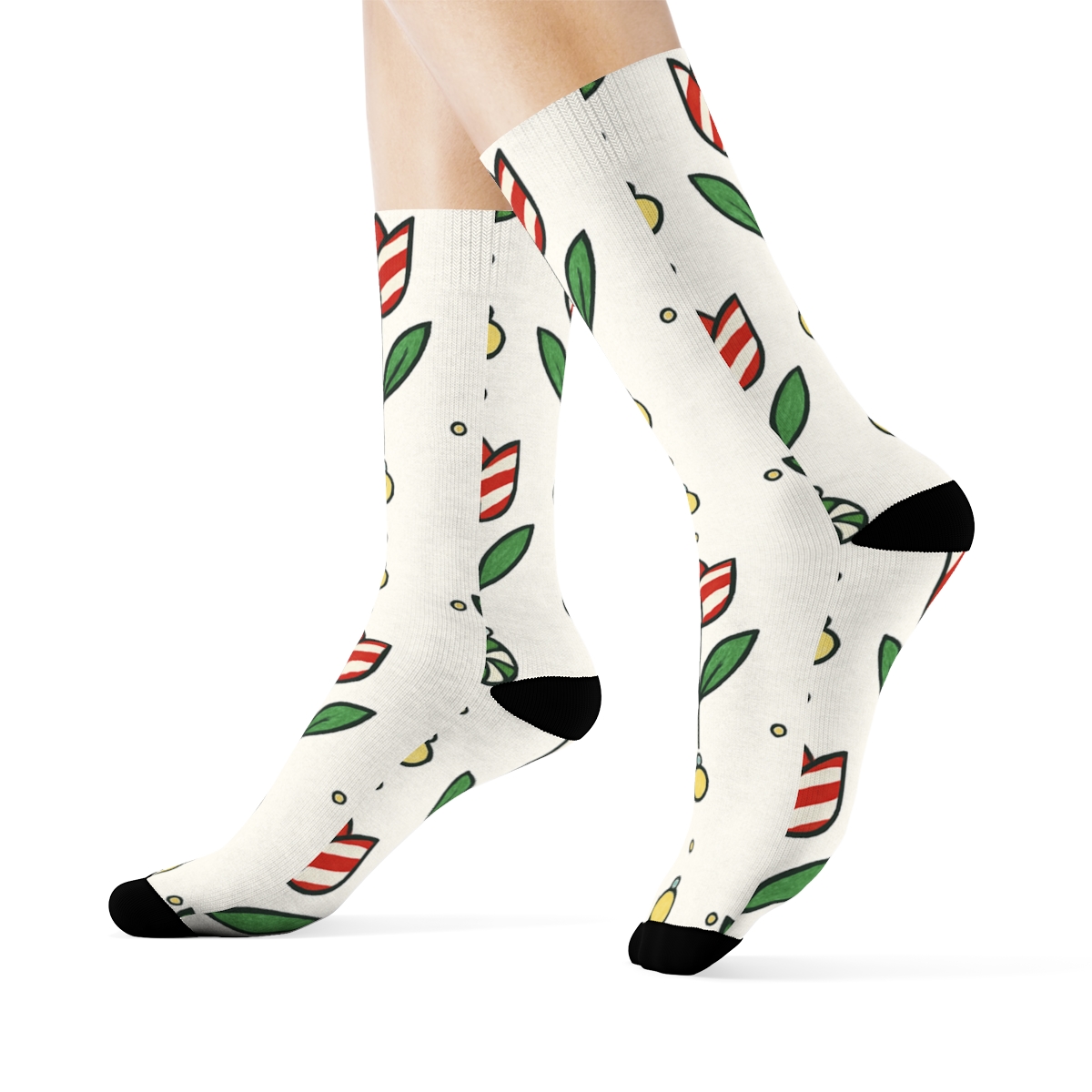 Candy Cane Tulip Stripe Grid On Snow White Background custom crew socks