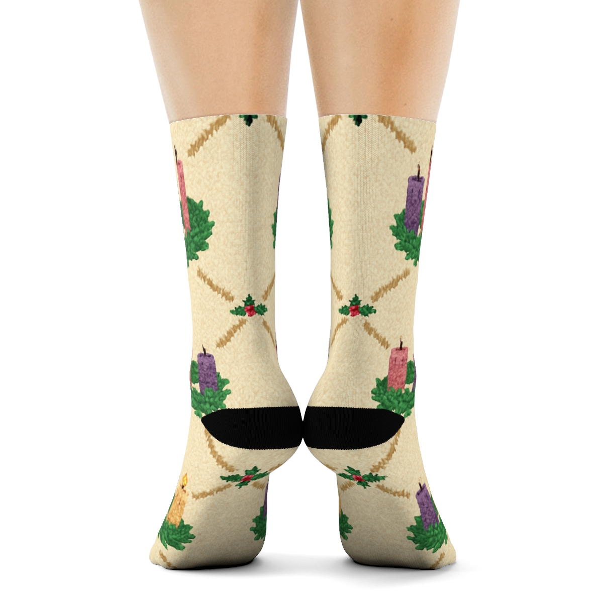 Advent Candles Knit Wreath Lattice unique graphic crew socks