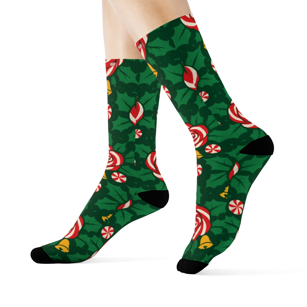 Candy Cane Rose Lattice On Deep Evergreen Background soft everyday crew socks