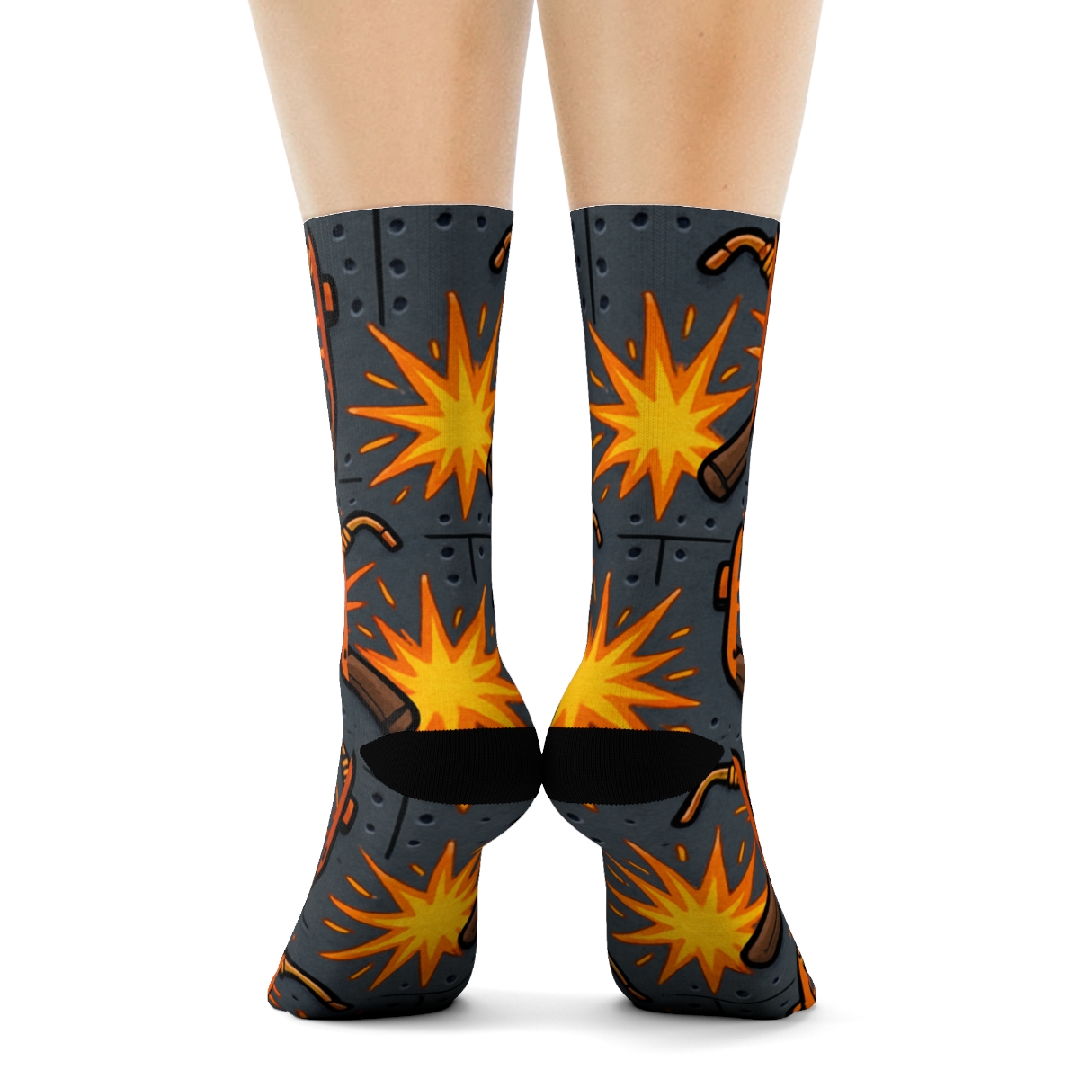 Welder Spark Grid Over Steel Horizon designer printed crew socks