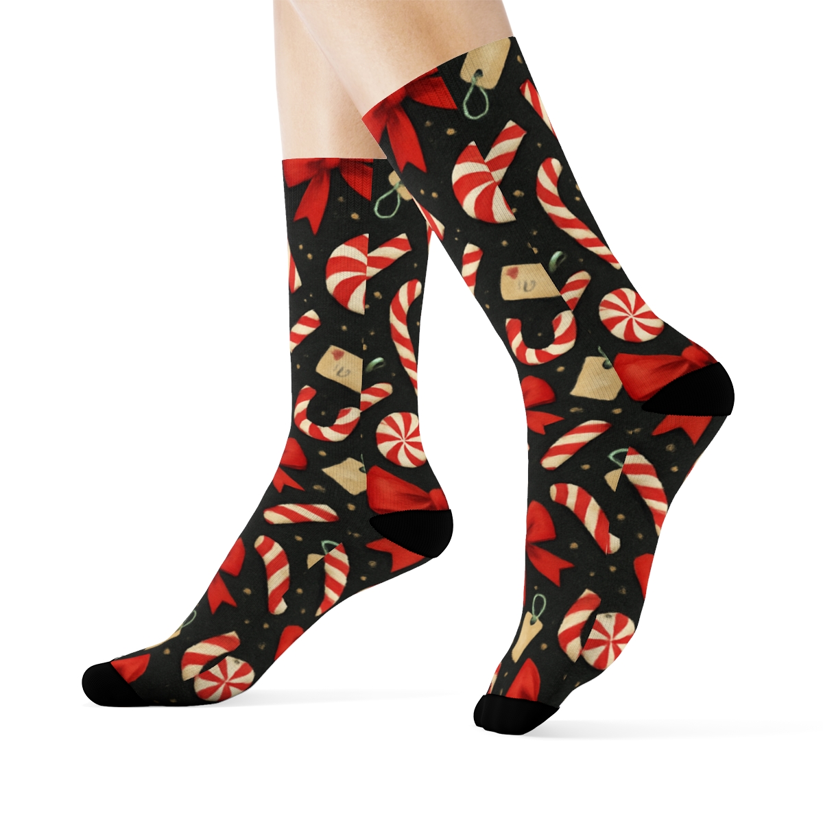 Candy Canes Confetti Collage On Charcoal custom crew socks