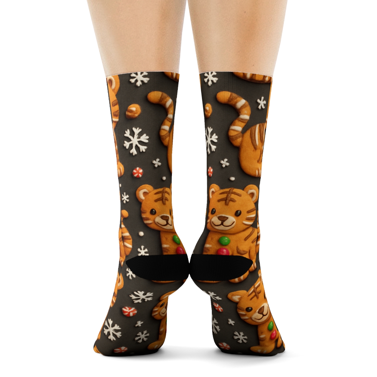 3D Gingerbread Tiger Tiles On Charcoal Background custom crew socks