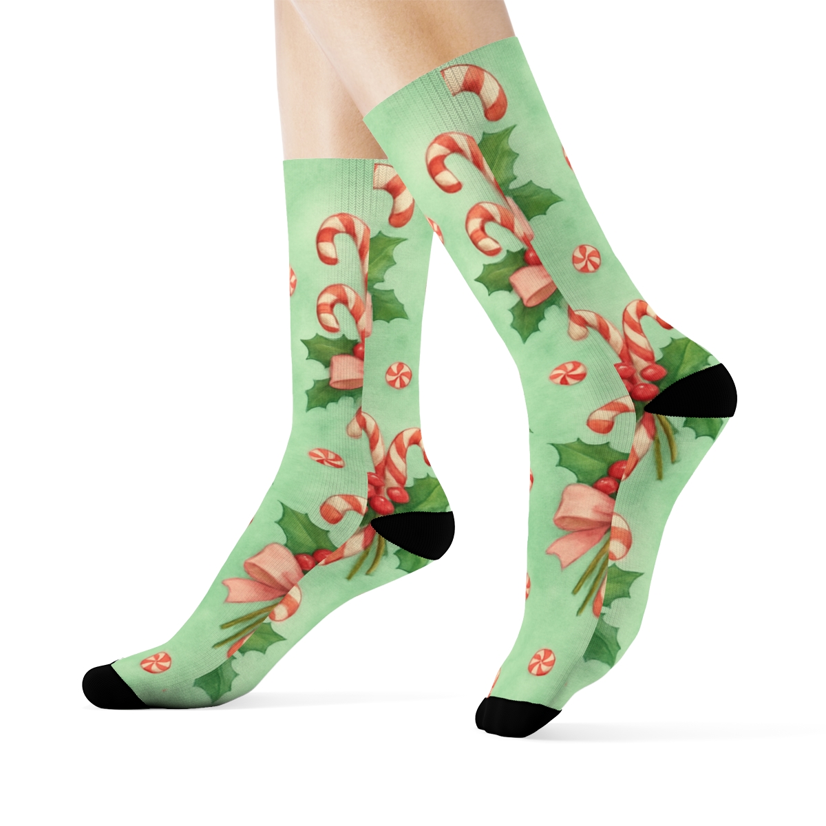 Candy Canes Bouquet Vignettes On Mint Background comfortable cotton crew socks