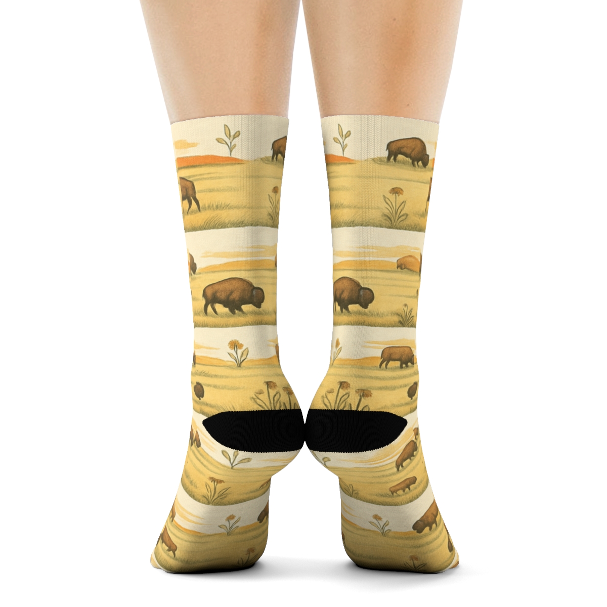 Prairie Landscape With Bison Sunlit Bands unique graphic crew socks
