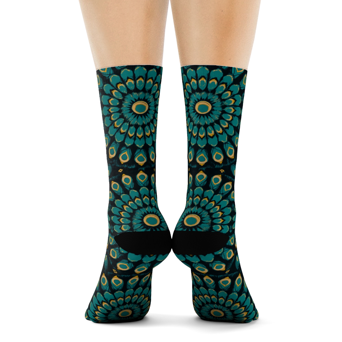 Peacock Feather Mandala Lattice On Midnight Black personalized crew socksPeacock Feather Mandala Lattice on Midnight Black Crew Socks - Image 4