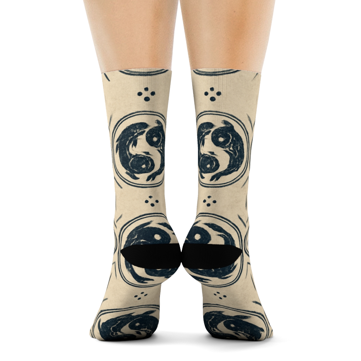 Indigo Koi Mandala Ring Repeat On Pale Cream stylish athletic crew socksIndigo Koi Mandala Ring Repeat on Pale Cream Crew Socks - Image 4