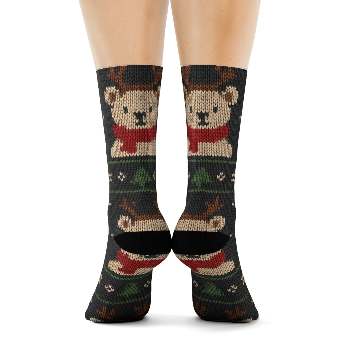 Knitted Reindeer Bear Fair Isle Repeat On Charcoal Background comfortable cotton crew socks