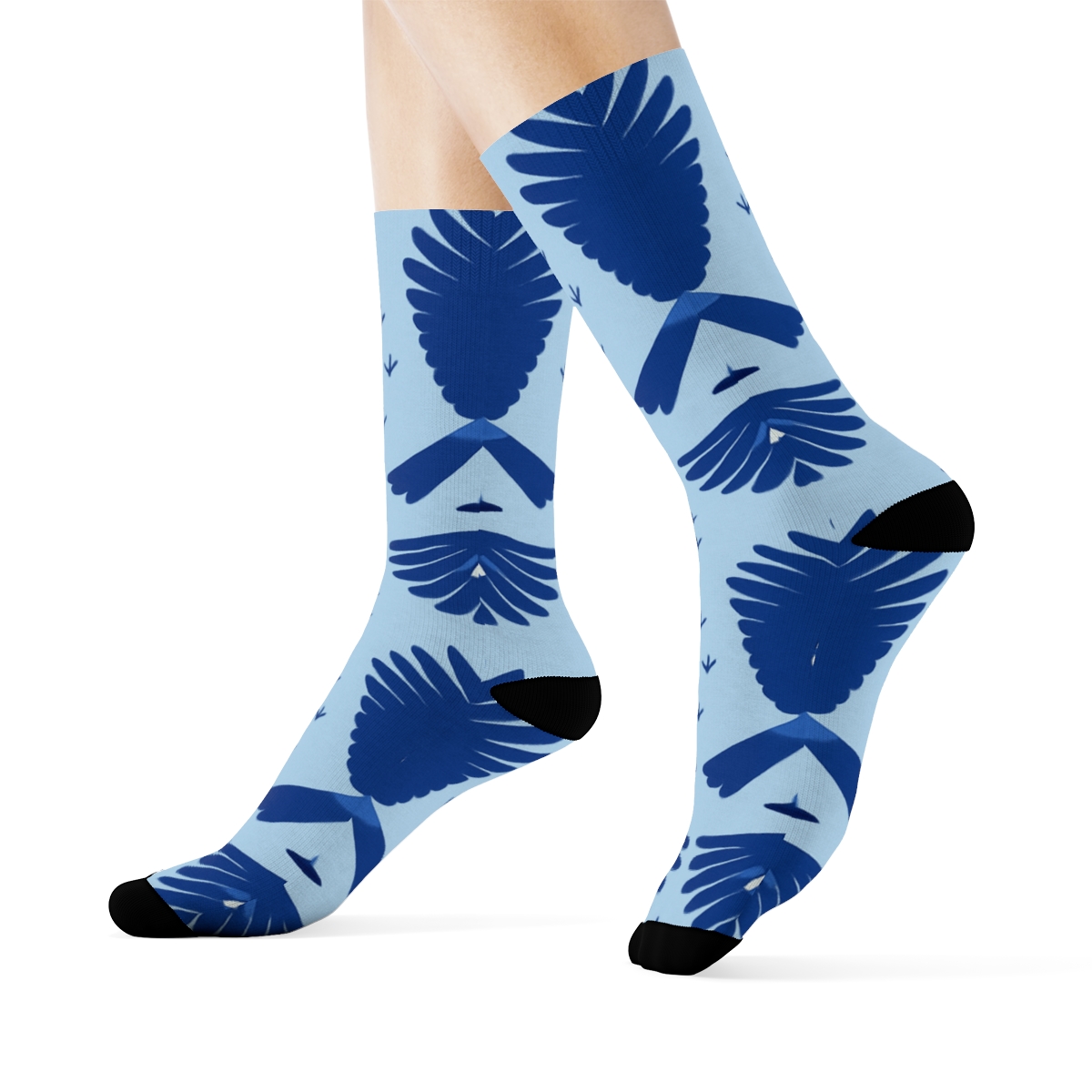 Blue Jay Flight Mirror Panels On Sky Blue Background unique graphic crew socks
